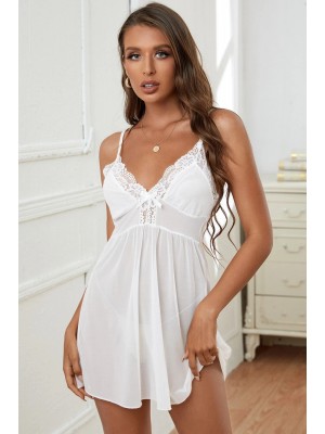 Kadın Beyaz V Yaka Dantel Detaylı Tül Gecelik