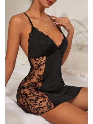 Kadın Siyah Çapraz Sırt Dekolteli Transparan Dantel Gecelik