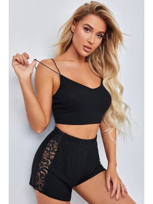 Kadın Siyah Yanları ve Sırtı Dantel Detaylı Çift Sıra İnce Lastikli Şortlu Gecelik Takım