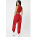 Kadın Kırmızı Kaşkorse Cepli Jogger Eşofman Altı ve Crop Top Bluz