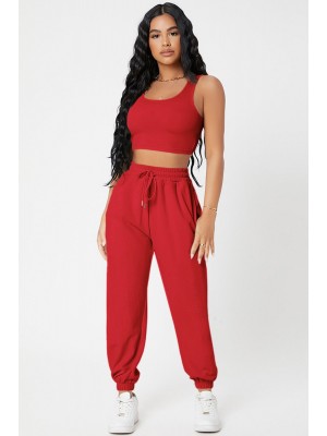 Kadın Kırmızı Kaşkorse Cepli Jogger Eşofman Altı ve Crop Top Bluz Kadın Kırmızı Kaşkorse Cepli Jogger Eşofman Altı ve Crop Top Bluz