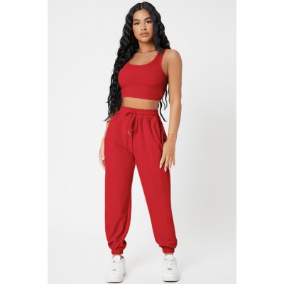 Kadın Kırmızı Kaşkorse Cepli Jogger Eşofman Altı ve Crop Top Bluz Kadın Kırmızı Kaşkorse Cepli Jogger Eşofman Altı ve Crop Top Bluz