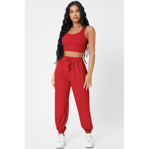 Kadın Kırmızı Kaşkorse Cepli Jogger Eşofman Altı ve Crop Top Bluz