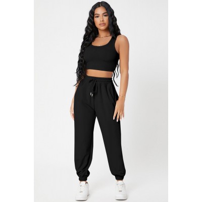 Kadın Siyah Kaşkorse Cepli Jogger Eşofman Altı ve Crop Top Bluz