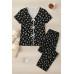 Kadın Siyah Beyaz Kalp Desenli Fiyonklu Kısa Kollu Pijama Takımı