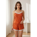 Kadın Turuncu Kalp Desenli Askılı Şortlu Dantelli Pijama Takımı