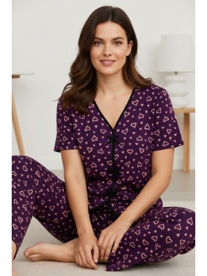 Kadın Mor Kalp Desenli Fiyonklu Kısa Kollu Uzun Pijama Takımı Kadın Mor Kalp Desenli Fiyonklu Kısa Kollu Uzun Pijama Takımı