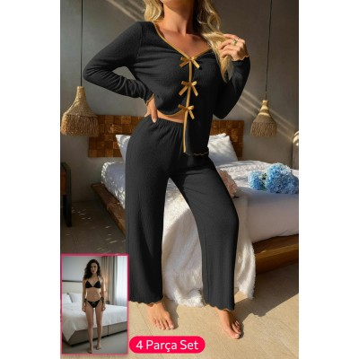 Kadın Siyah Fiyonklu İç Çamaşırı ve Uzun Kollu V Yaka Pijama Takımı 4'lü Set Kadın Siyah Fiyonklu İç Çamaşırı ve Uzun Kollu V Yaka Pijama Takımı 4'lü Set