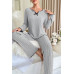 Kadın Gri Çizgili Uzun Kollu Fiyonk Detaylı Pijama Takımı Rahat Mevsimlik