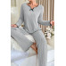 Kadın Gri Çizgili Uzun Kollu Fiyonk Detaylı Pijama Takımı Rahat Mevsimlik