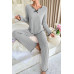 Kadın Gri Çizgili Uzun Kollu Fiyonk Detaylı Pijama Takımı Rahat Mevsimlik