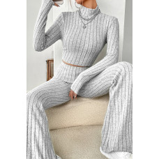 Kadın Gri Çizgili Boğazlı Crop Top ve Yüksek Bel Pantolon Takım 