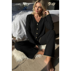 Premium Kadın Fitilli Pijama Takımı – Siyah Gold Biye Detaylı, Yumuşak Dokulu Ev Şıklığı