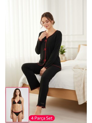 Premium Kadın 4’lü Fitilli Set – Siyah Kırmızı Biyeli (Pijama Üst, Pantolon, Bikini Takımı)