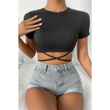 Kadın Siyah Yarım Kol Çapraz Bağlamalı Crop Top Bluz