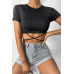 Kadın Siyah Yarım Kol Çapraz Bağlamalı Crop Top Bluz
