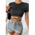 Kadın Siyah Yarım Kol Çapraz Bağlamalı Crop Top Bluz