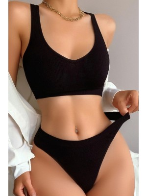 Kadın Siyah Desteksiz Seamless Tangalı İç Çamaşır Takımı