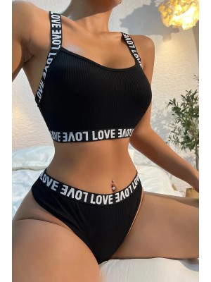 Kadın Siyah Çapraz Sırt Ve Love Yazı Detaylı Iç Çamaşır Takımı