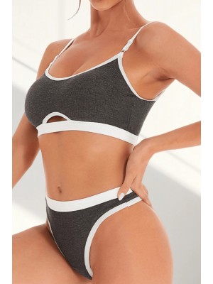 Kadın Gri Antrasit Kaşkorse ve Beyaz Lastikli Cut-Out Tanga Külotlu Takım