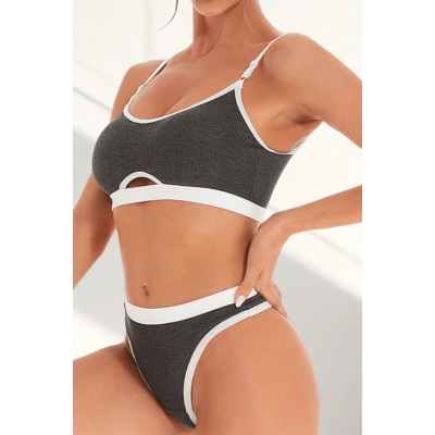 Kadın Gri Antrasit Kaşkorse ve Beyaz Lastikli Cut-Out Tanga Külotlu Takım