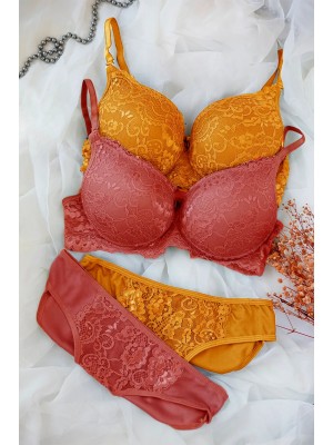Kadın Hardal Ve Kiremit Rengi Dolgulu Balenli Sütyen Külot 2'li Paket