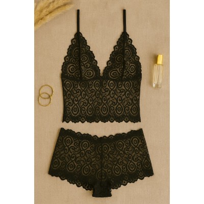 Kadın Siyah Dantel Bralet Şort Takımı – Şık, Zarif ve Feminen İç Giyim