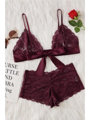 Kadın Bordo Dantelli & Kurdelalı Sütyen Külot Takımı