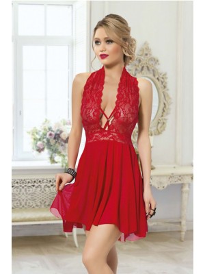 Kadın Kırmızı Çapraz Bağlı Kısa Tül Dantel Gecelik