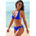 Kadın Mavi Belden, Boyundan Bağlamalı ve Ayarlanabilir Külotlu Üçgen Bikini Mayo Takımı