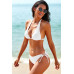 Kadın Beyaz Belden, Boyundan Bağlamalı ve Ayarlanabilir Külotlu Üçgen Bikini Mayo Takımı