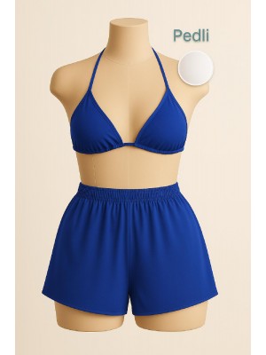 Kadın Mavi Şortlu Belden ve Boyundan Bağlamalı Bikini Takımı