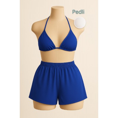 Kadın Mavi Şortlu Belden ve Boyundan Bağlamalı Bikini Takımı