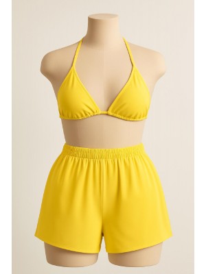 Kadın Sarı Şortlu Belden ve Boyundan Bağlamalı Bikini Takımı