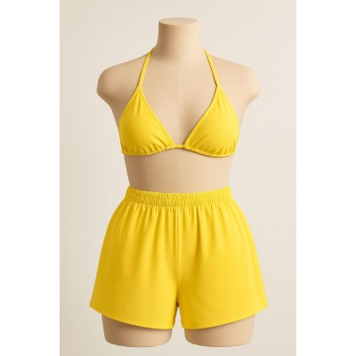 Kadın Sarı Şortlu Belden ve Boyundan Bağlamalı Bikini Takımı