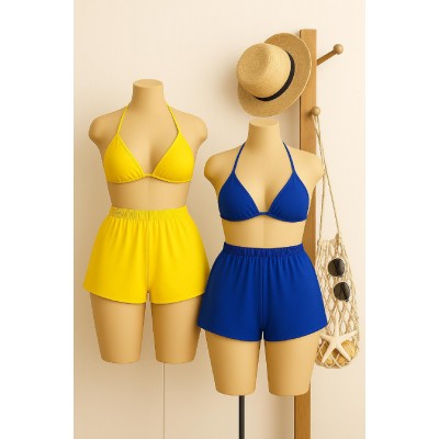 Kadın Sarı ve Mavi Şortlu Belden ve Boyundan Bağlamalı Bikini Takımı