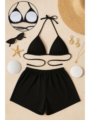 Kadın Siyah Şortlu Belden ve Boyundan Bağlamalı Bikini Takımı
