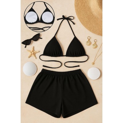 Kadın Siyah Şortlu Belden ve Boyundan Bağlamalı Bikini Takımı