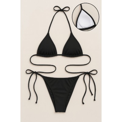 Kadın Siyah Yandan ve Boyundan Bağlamalı Bikini Mayo Takımı