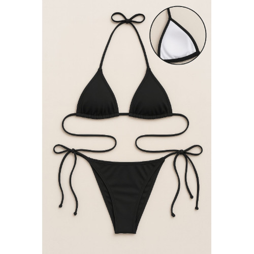 Kadın Siyah Yandan ve Boyundan Bağlamalı Bikini Mayo Takımı