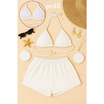Kadın Beyaz Şortlu Belden ve Boyundan Bağlamalı Bikini Takımı