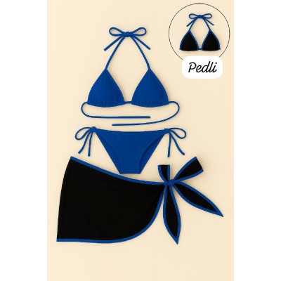 Kadın Mavi Pareolu Yandan ve Boyundan Bağlamalı 3'lü Bikini Takımı