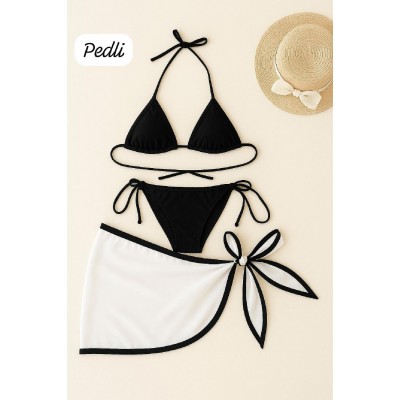 Kadın Siyah Beyaz Pareolu Yandan ve Boyundan Bağlamalı 3'lü Bikini Takımı