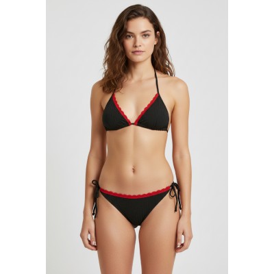Kırmızı Dantel Detaylı Siyah Bikini Takımı – Ayarlanabilir İpli, İçten Şardonlu, Kadın Mayo