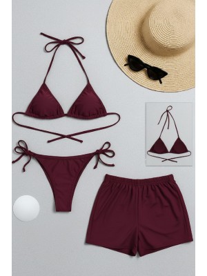 Kadın 3'lü Set Bordo Şortlu ve Yandan Bağlamalı Bikini Mayo Takımı