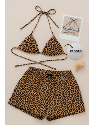 Kadın Leopar Desenli Şortlu Belden ve Boyundan Bağlamalı Bikini Takımı Kadın Leopar Desenli Şortlu Belden ve Boyundan Bağlamalı Bikini Takımı