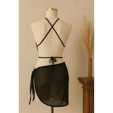 Kadın Siyah Çapraz Bağlamalı Crop ve Pareo 2'li Set 