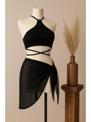 Kadın Siyah Çapraz Bağlamalı Crop ve Pareo 2'li Set