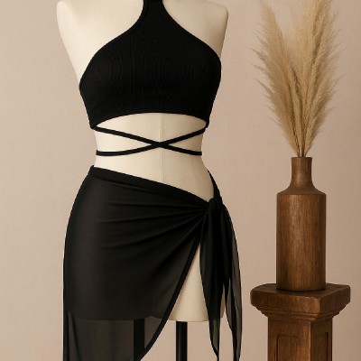 Kadın Siyah Çapraz Bağlamalı Crop ve Pareo 2'li Set Kadın Siyah Çapraz Bağlamalı Crop ve Pareo 2'li Set