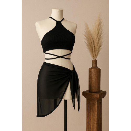 Kadın Siyah Çapraz Bağlamalı Crop ve Pareo 2'li Set